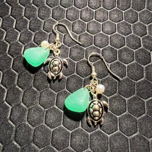 Turtle Earrings with Aqua Sea Glass Made of Sterling Silver